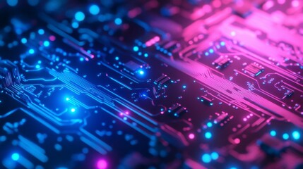 Obraz premium Abstract cyberpunk neon circuit board glowing in blue and purple, symbolizing futuristic technology and digital innovation.