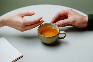 Warm hands reaching for cup of tea, symbolizing connection and c