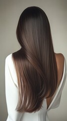 Beautiful model girl with Brown hair strand,silky healthy chestnut wavy hair strand,hair wavy ribbon, with smooth,Keratin straightening,Treatment,straight long hair,procedures,Smooth hairstyle.