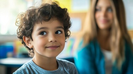 Child and teacher sharing a moment of connection in a classroom, embodying the warmth of learning and mentorship.