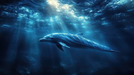 Through the rippling ocean surface, sunbeams illuminate a pod of dolphins swimming gracefully towards the light in the deep blue water.