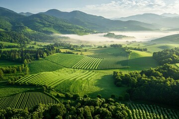 Fototapeta premium Verdant hills with sunlit fields and a touch of fog, creating a peaceful countryside vista