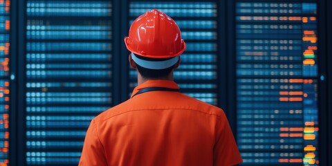 Engineer in uniform and helmet standing in a data center corridor, surrounded by server racks with digital overlays. Concept of data infrastructure, IT maintenance, cloud systems, and cybersecurity