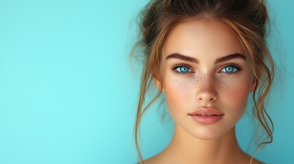 Fototapeta premium Turquoise background relaxed woman's profile shows nose, rhinoplasty, beauty.