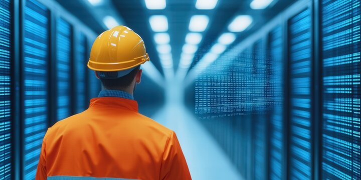 Engineer in uniform and helmet standing in a data center corridor, surrounded by server racks with digital overlays. Concept of data infrastructure, IT maintenance, cloud systems, and cybersecurity