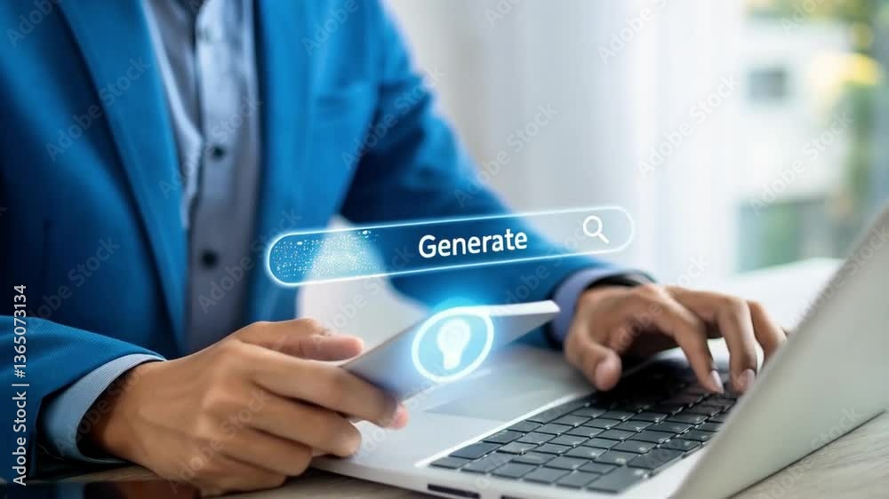 Poster person in blue suit using laptop and phone with generate search bar overlayed on the devices