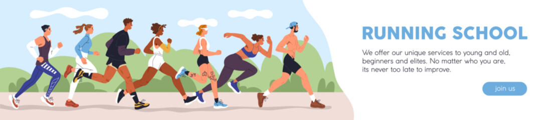 Running people, web banner design. Active joggers, runners in park, outdoor cardio event. Jogging and training school, sports activity, long advertising header background. Flat vector illustration.