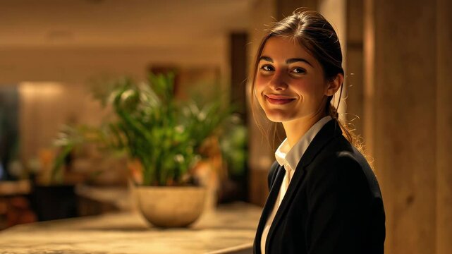Hotel manager at the front desk of the upscale hotel is amiable and has a warm, inviting grin.