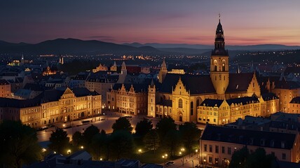 Twilight view of a historic city center with glowing buildings