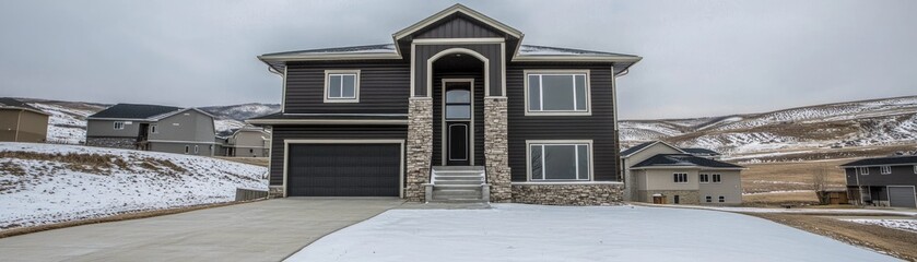 Obraz premium New house in winter, snow on the hill behind. For real estate ads