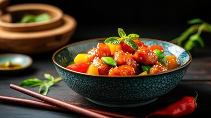 Colorful dish of sweet and sour chicken with vegetables garnished with fresh herbs and sesame seeds served in a decorative bowl on a wooden table