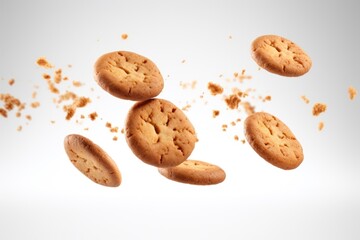 Photo of flying cookies bread food white background.