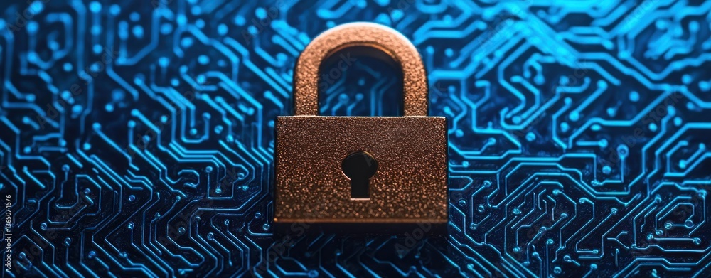 Aufkleber brown padlock on blue circuit board background representing cybersecurity and data protection