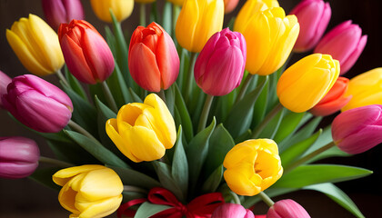 Obraz premium Vibrant Bouquet of Yellow Orange and Pink Tulips