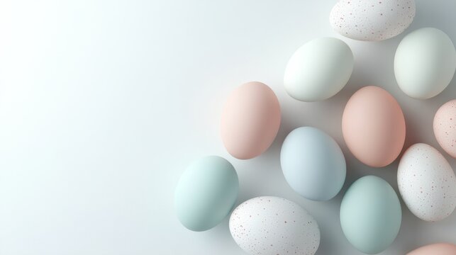 Colorful pastel eggs arranged on a light surface, ideal for festive celebrations and decorative purposes, showcasing a variety of soft hues and textures, perfect for spring