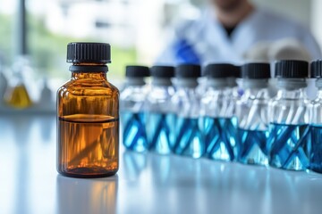 A scientist examines amber glass bottle among various colored liquid samples in a laboratory setting