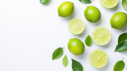 Fresh Green Limes and Lemon Halves on Bright Background with Green Leaves for Culinary and Health Related Concepts and Designs