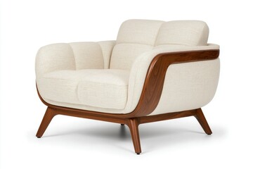 Elegant armchair with a white fabric seat & curved, dark wooden frame on a white background