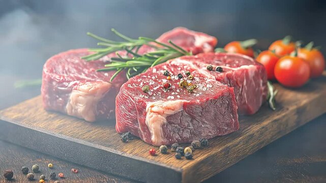 Premium, raw beef meat steak from a chef's butcher table.
