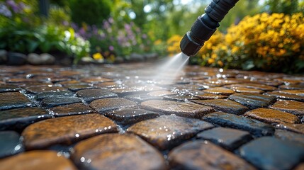 Cleaning Cobblestone Patio Stone Pathway Garden Pressure Washer Water Spray Brown Gray Stones HD wet high free shiny fresh image photo stock asset    