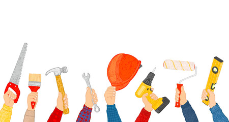 Vector Colorful Illustration Set of Different Hand Tools for Repair are Held by the Hand Isolated on White Background