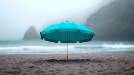 Teal Beach Umbrella on Foggy Shoreline