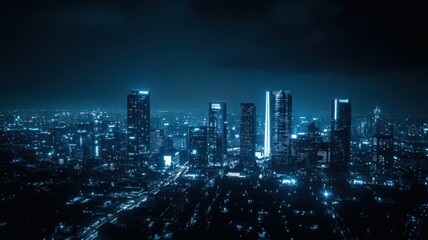 Fototapeta premium Blurred Night Cityscape with Dark Blue Tones and Bright Lights