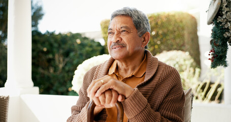 Thinking, elderly and man with disability at house of happy memory, nostalgia and past reflection....