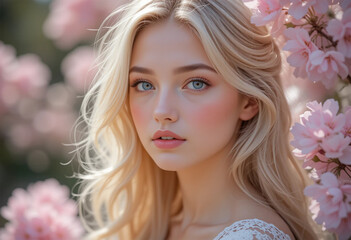 Naklejka premium Fairytale blonde beauty amidst blossoming cherry trees soft light dreamy bokeh