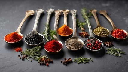 Many vintage silver spoons filled with various spices and herbs are arranged on a dark gray stone surface.