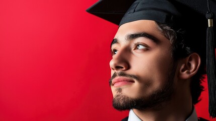 Young Male Graduate in Cap Looking Upwards Against a Bold Red Background, Celebrating Academic Success and Future