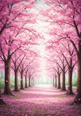 Naklejka premium Dreamy Pink Blossom Tunnel Path Soft Light. AI Generated