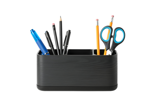 A floating desk organizer with pens, pencils, and scissors, isolated on a solid white background.