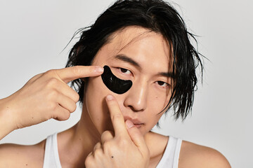 Handsome young man applying trendy skincare patch in stylish urban setting