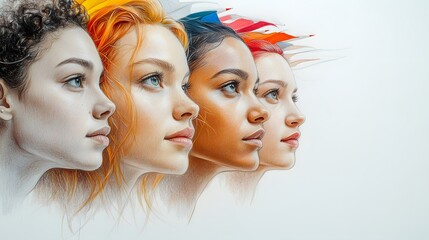 Obraz premium Diverse Women's Profiles, Unity, Abstract Background