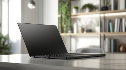 Sleek Laptop on Table in Modern Office Background Showcasing Workspace