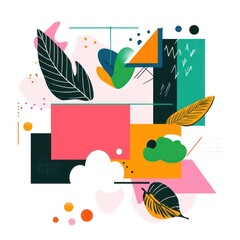 Naklejka premium Colorful abstract composition featuring botanical shapes and geometric arrangements