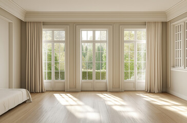 Fototapeta premium Elegant ballet studio bedroom featuring graceful French doors that inspire creative dance and living spaces