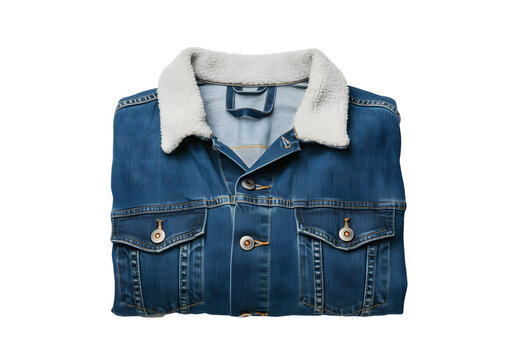 A floating denim jacket neatly folded, isolated on a solid white background