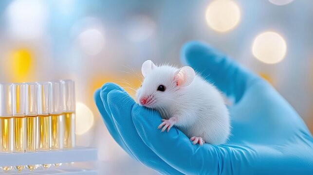 A lab mouse is held in a gloved hand, with test tubes in the background, highlighting scientific research and experimentation in a controlled environment.