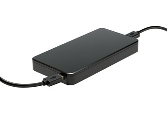 A floating external hard drive with a USB cable attached, isolated on a solid white background.