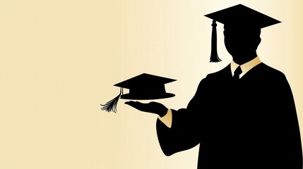 Silhouette of Graduate Holding Cap Against a Soft Gradient Background for Academic Achievement Themes