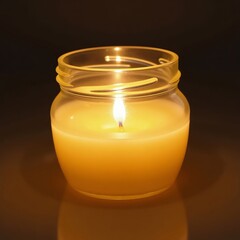 A single flickering candle's gentle glow offering solace and warmth in a quiet moment, nestled in a clear glass jar on a dark surface.