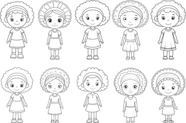 adorable little African girls with beautiful curly hair, ready for coloring page, showcasing their joyful smiles and playful spirit in simple line art.