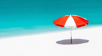 Red and White Beach Umbrella on  Tropical beach, perfect for promo of summer vacation 
