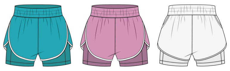 Women&rsquo;s active short pants, Fashion Flat Sketch Vector Illustration, CAD, Technical Drawing, Flat Drawing, Template, Mockup.