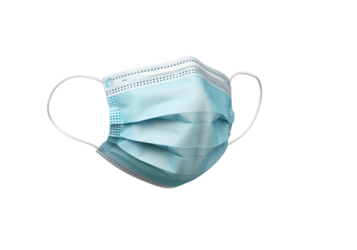 A floating face mask with ear loops stretched out, isolated on a solid white background.