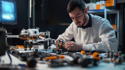 A space engineer developing autonomous drones for asteroid mining, aerospace lab with mining drones, robotic arms