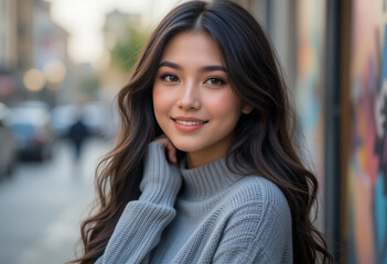 Fototapeta premium Serene young woman with long dark hair smiling gently in soft natural light against a blurred city