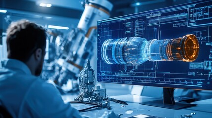 A space engineer developing propulsion systems for Mars missions, aerospace lab with ion propulsion models, spacecraft blueprints